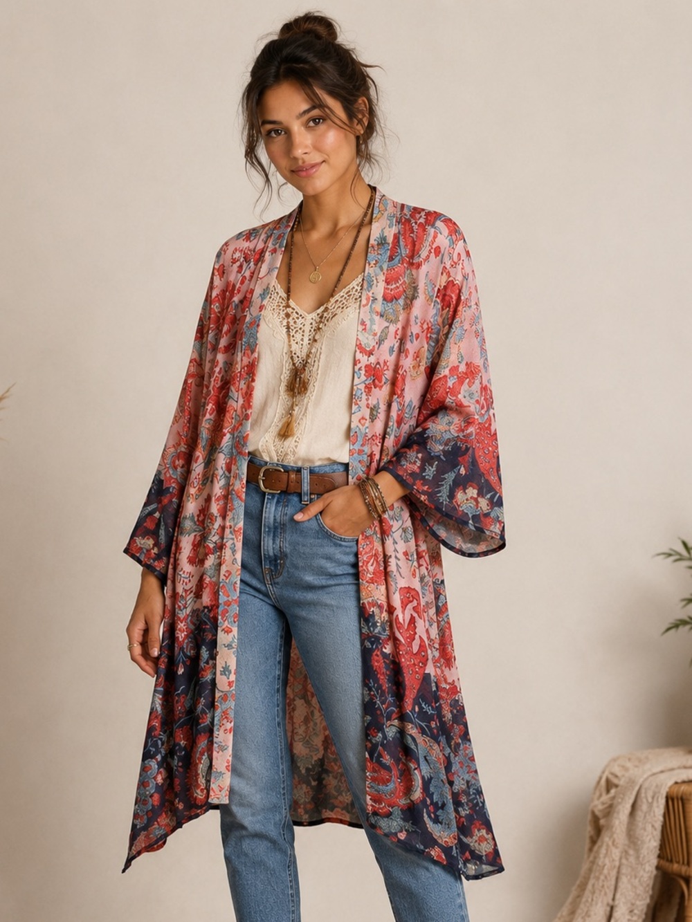 Jorja Boho Floral Patchwork Chiffon Kimono Cardigan — Large